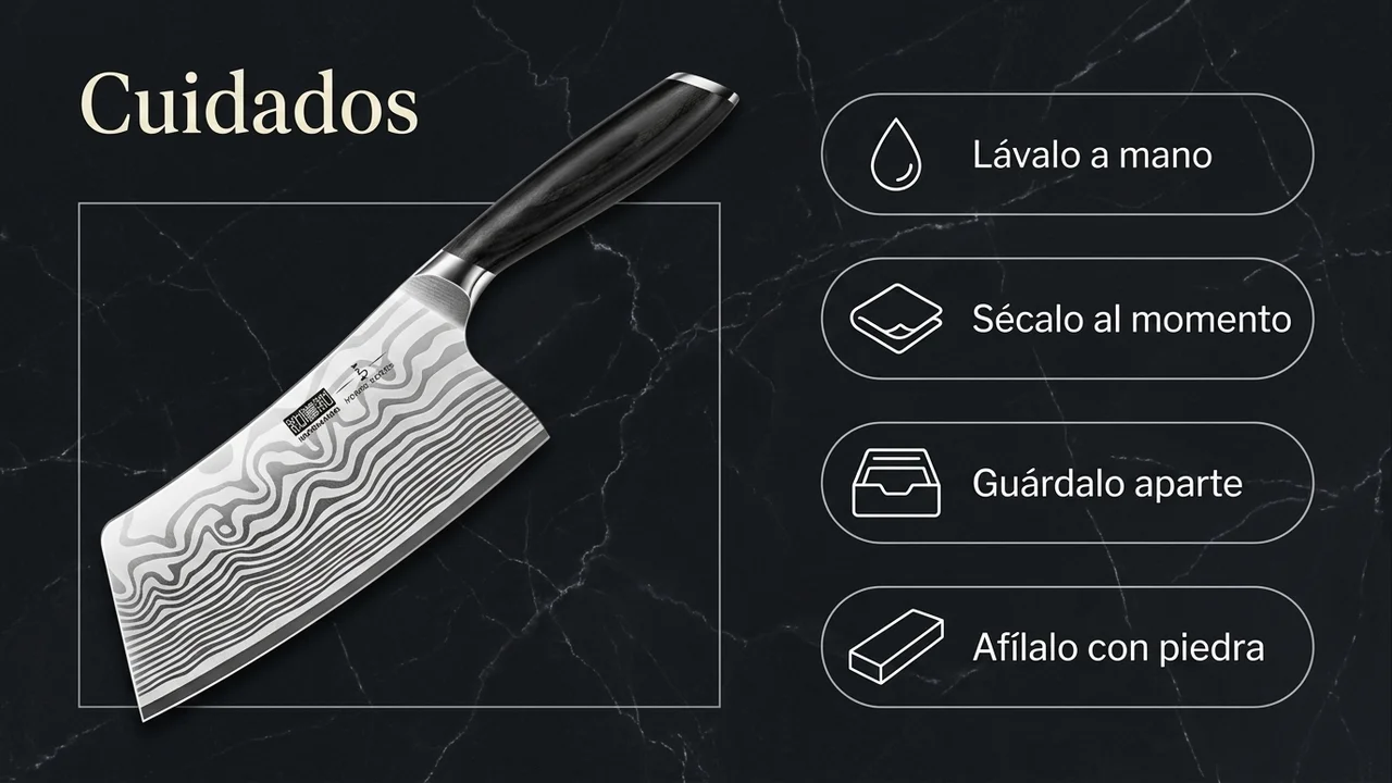 Cuidados del cuchillo de carne HOSHANHO: lavado a mano, secado al momento y guardado aparte