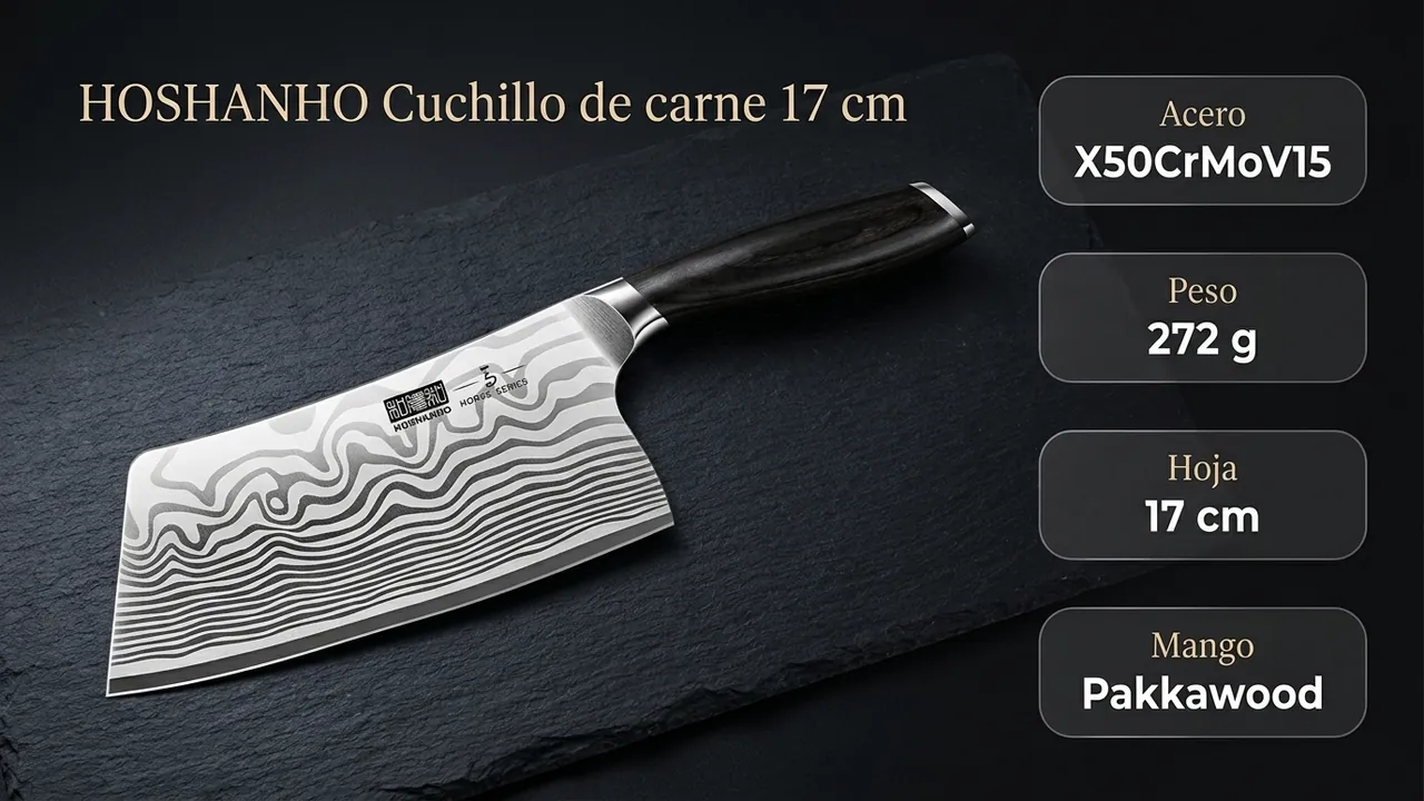 Ficha técnica del cuchillo de carne HOSHANHO: acero X50CrMoV15, 272 g y mango de pakkawood