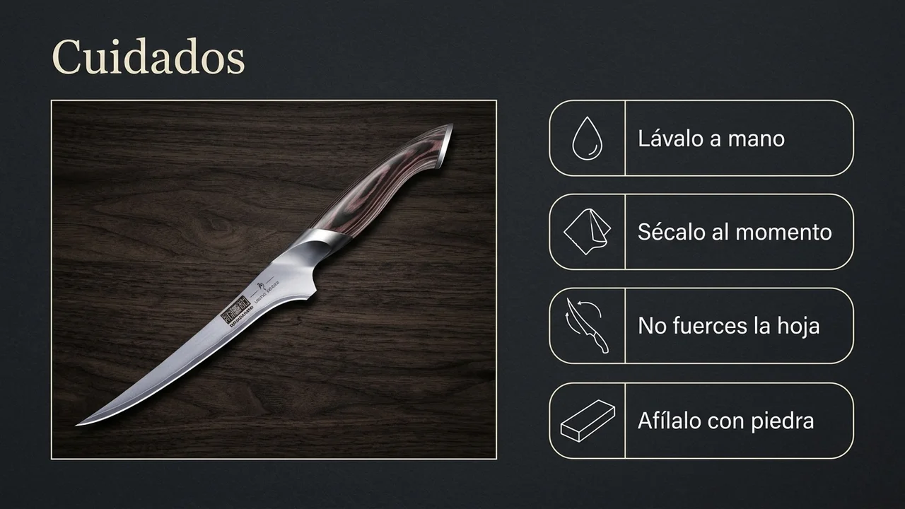 Cuidados del fileteador HOSHANHO: lavarlo a mano, secarlo al momento, no forzar la hoja flexible y afilarlo con piedra