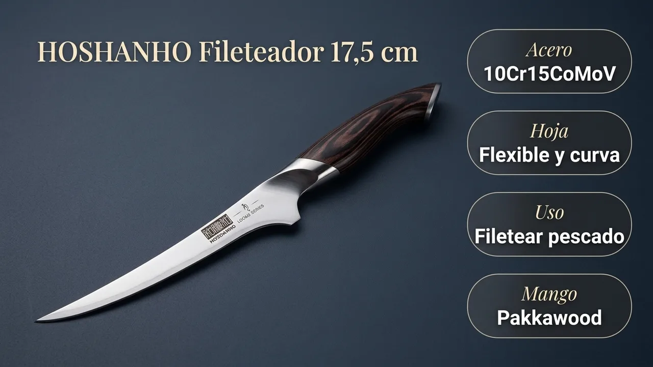 Datos del fileteador HOSHANHO: acero 10Cr15CoMoV, hoja flexible y curva para filetear pescado y mango de pakkawood