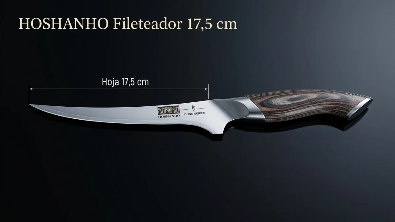 Fileteador HOSHANHO acotado: hoja curva y flexible de 17,5 cm medida del filo al talón