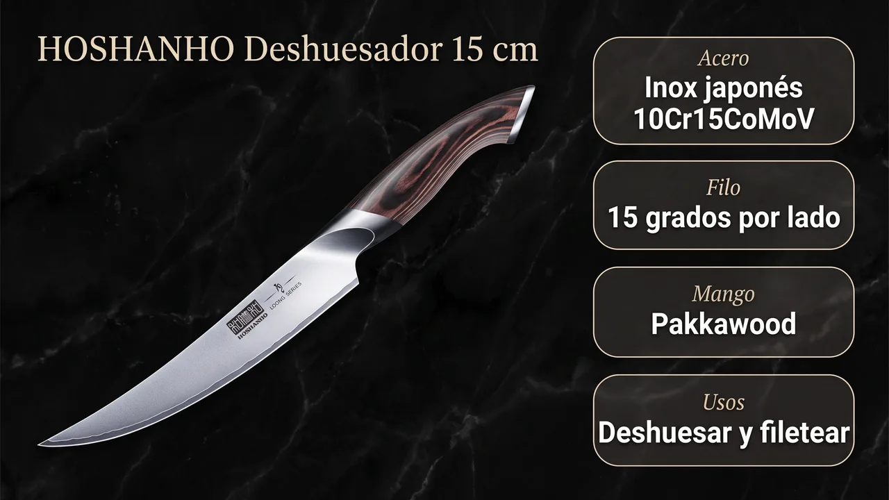 Ficha tecnica del deshuesador HOSHANHO: acero inoxidable japones 10Cr15CoMoV, filo a 15 grados y mango de pakkawood