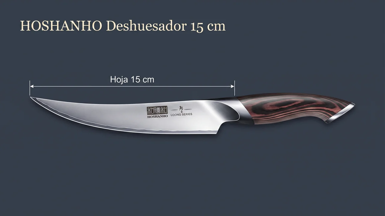 Medida del deshuesador HOSHANHO: hoja curva de 15 cm que termina en punta afilada