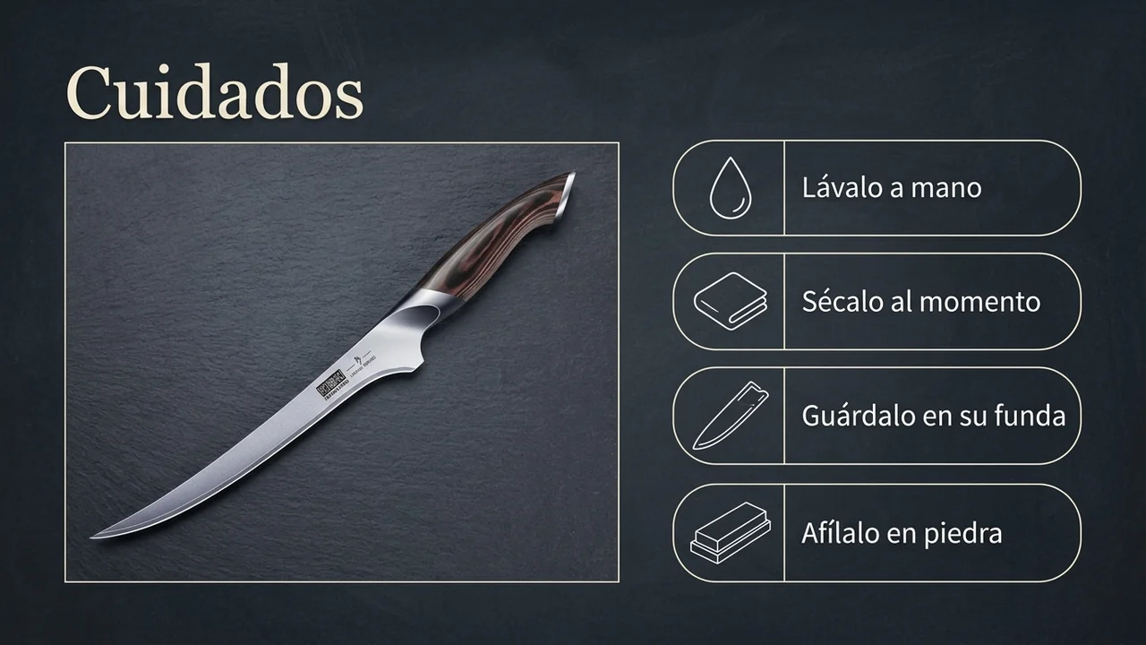 Cuidados del fileteador HOSHANHO: lavado a mano, secado inmediato, guardado en su funda y afilado en piedra