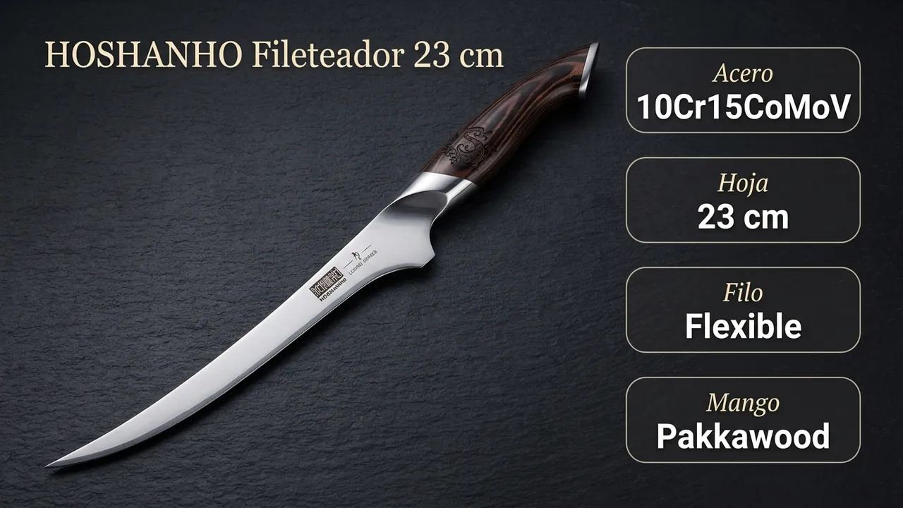 Ficha técnica del fileteador HOSHANHO: acero japonés 10Cr15CoMoV, hoja de 23 cm, filo flexible y mango de pakkawood