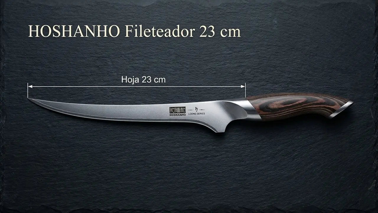 Cuchillo fileteador de pescado HOSHANHO de 23 cm sobre pizarra oscura, con la cota de la hoja acotada de la punta al talón