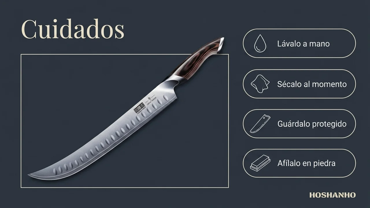 Cuidados del jamonero HOSHANHO: lavar a mano, secar al momento, guardar protegido y afilar en piedra