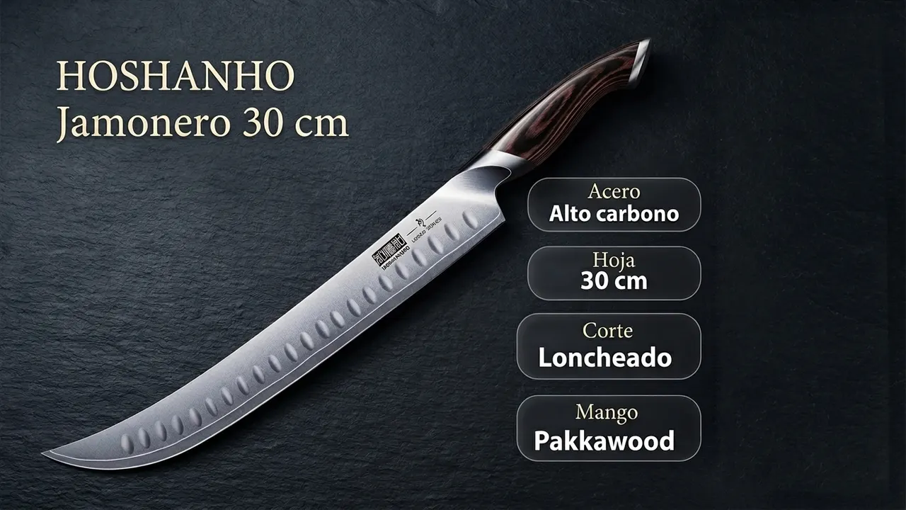 Datos del jamonero HOSHANHO: acero de alto carbono, hoja de 30 cm para loncheado y mango de pakkawood