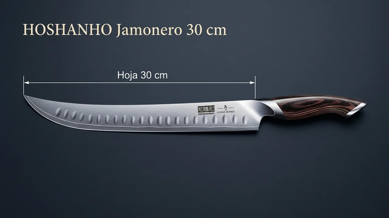 Cuchillo jamonero HOSHANHO acotado: hoja larga y estrecha de 30 cm con alveolos