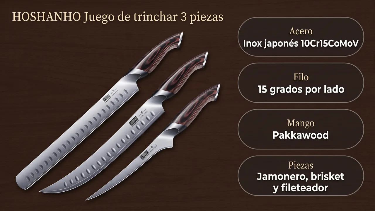 Ficha tecnica del juego de trinchar HOSHANHO: acero inoxidable japones 10Cr15CoMoV, filo a 15 grados y mango de pakkawood