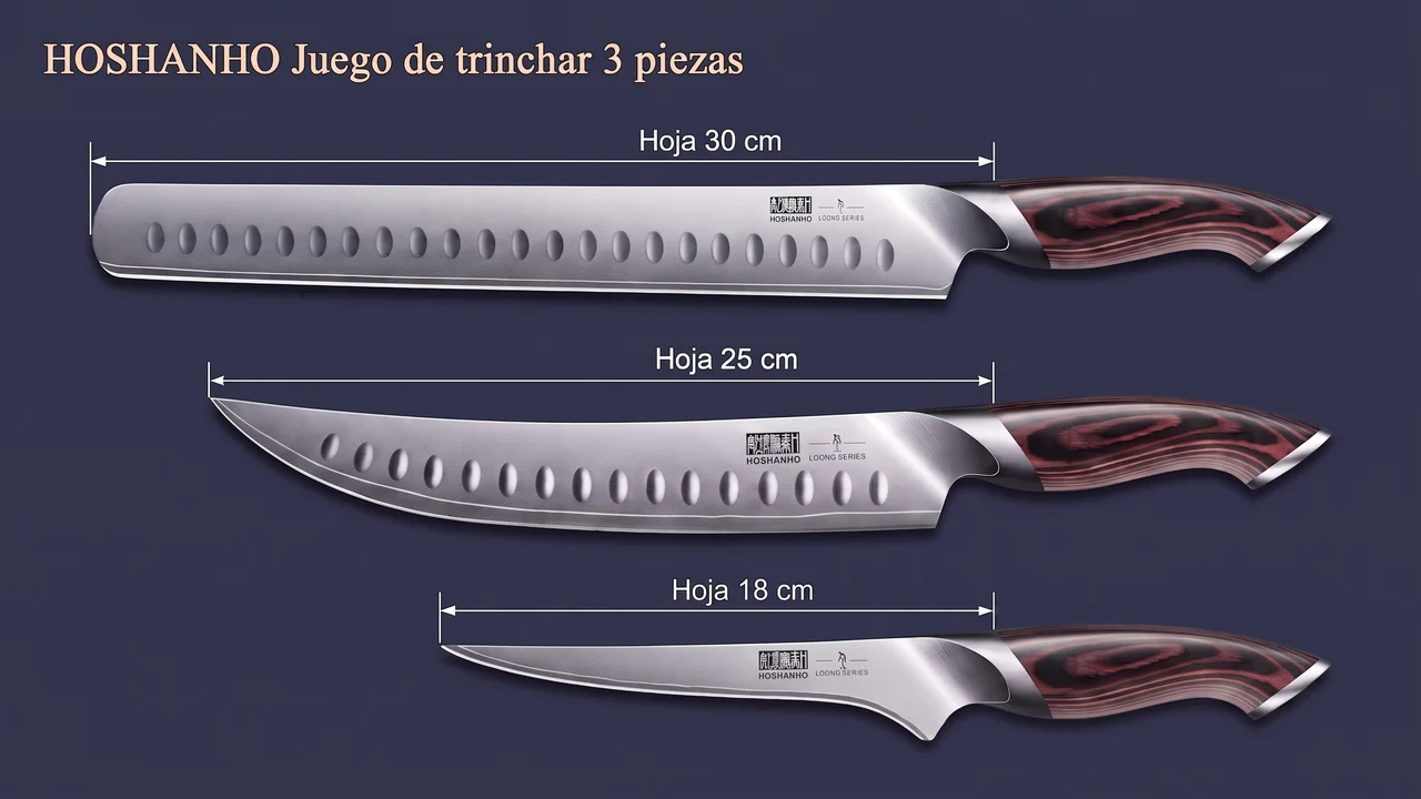 Desglose del juego de trinchar HOSHANHO: jamonero de 30 cm, cuchillo de brisket de 25 cm y fileteador de 18 cm