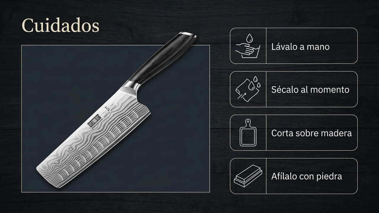 Cuidados del nakiri HOSHANHO: lavarlo a mano, cortar sobre madera y afilarlo con piedra