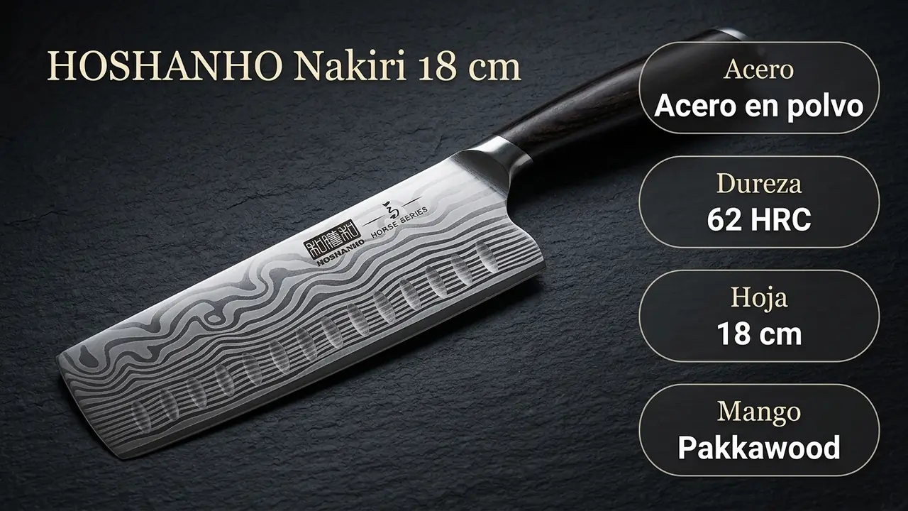 Ficha técnica del nakiri HOSHANHO: acero en polvo, 62 HRC y mango de pakkawood