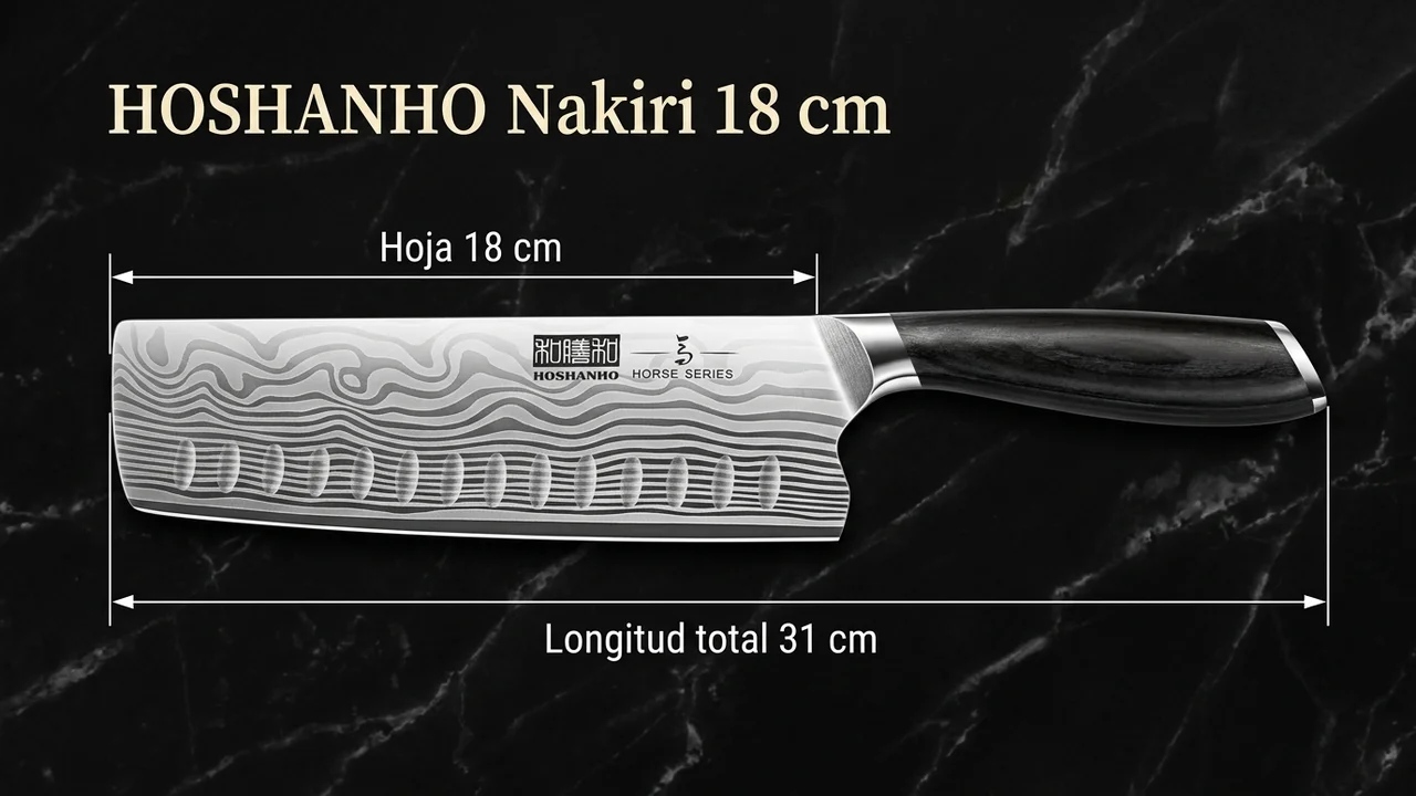 Medidas del nakiri HOSHANHO de acero en polvo: 18 cm de hoja y 31 cm de longitud total