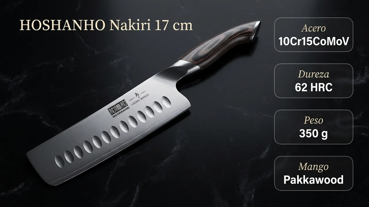 Datos del nakiri HOSHANHO: acero japonés 10Cr15CoMoV a 62 HRC, 350 gramos y mango de pakkawood