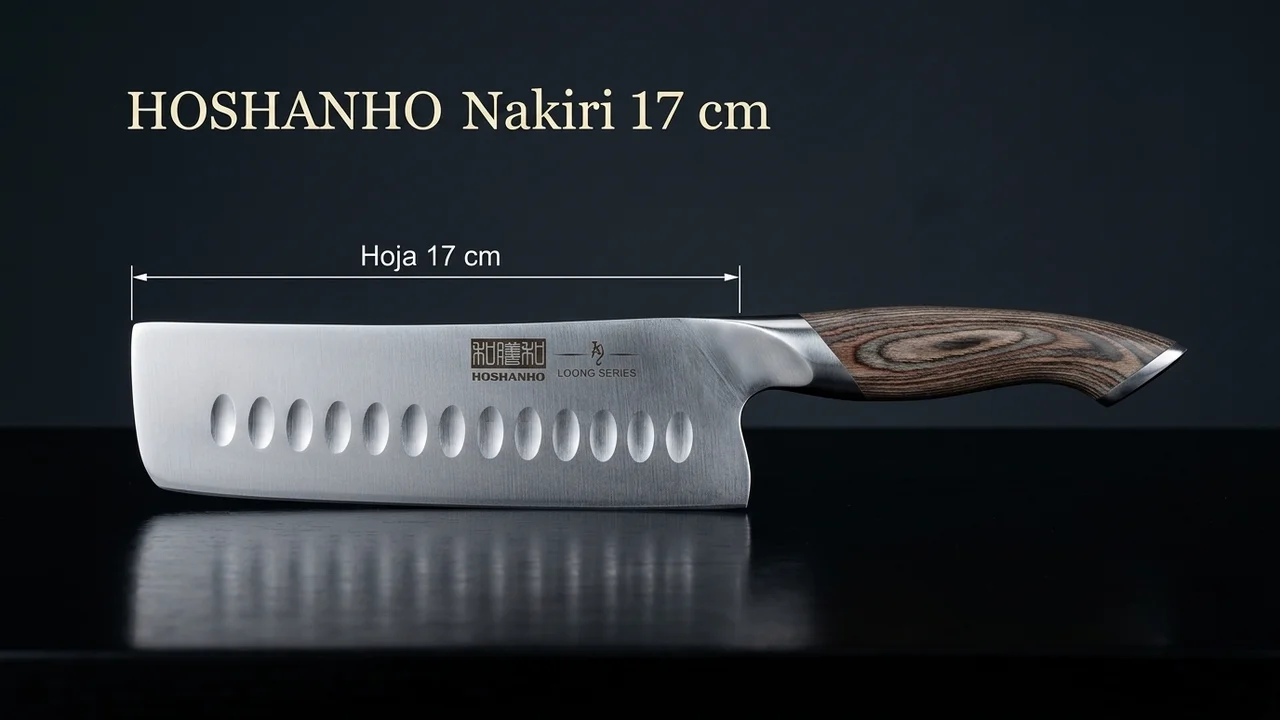 Nakiri HOSHANHO acotado: hoja recta de 17 cm con alveolos, medida del filo al talón