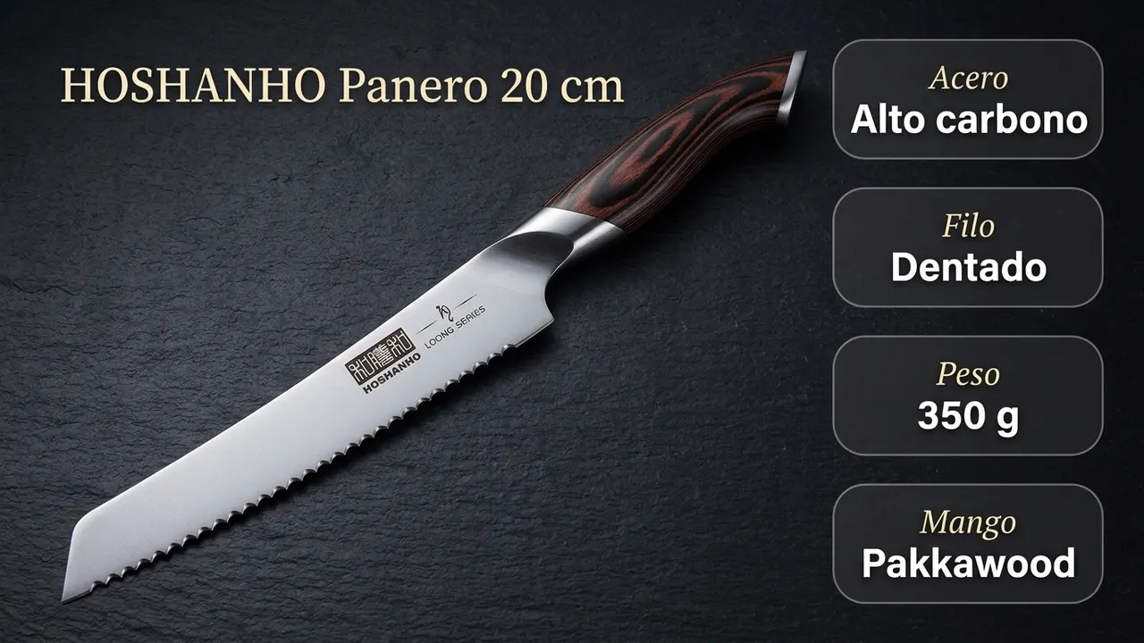 Datos del panero HOSHANHO: acero de alto carbono, filo dentado, 350 gramos y mango de pakkawood