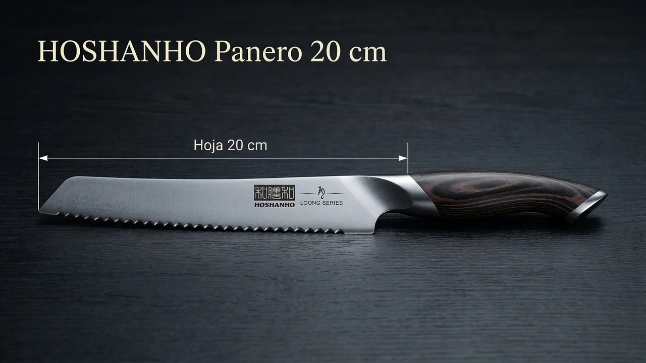 Cuchillo panero HOSHANHO acotado: hoja dentada de 20 cm y mango de pakkawood veteado