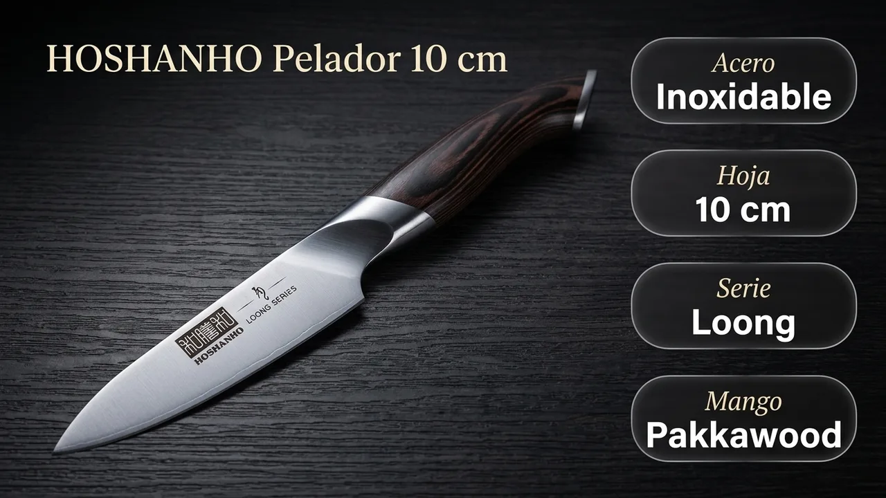 Datos del pelador HOSHANHO de la serie Loong: acero inoxidable, hoja de 10 cm y mango de pakkawood