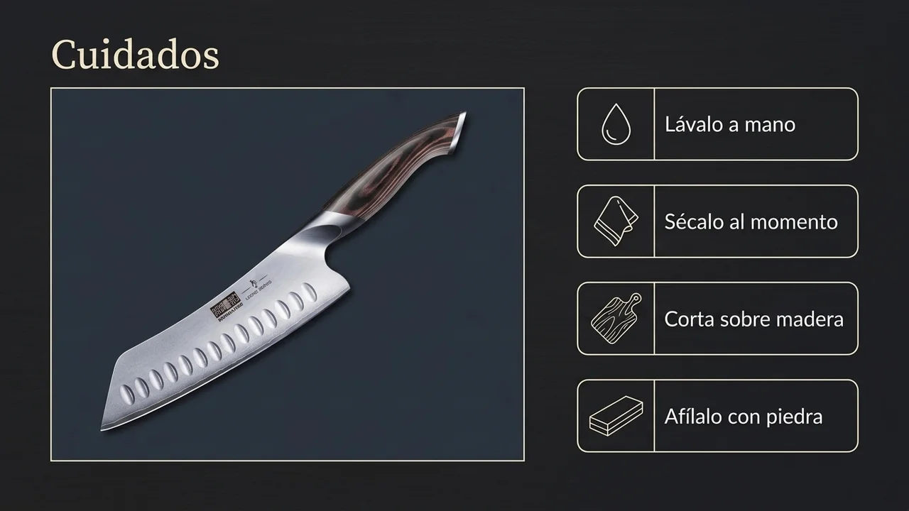 Cuidados del santoku HOSHANHO: lavarlo a mano, secarlo al momento, cortar sobre madera y afilarlo con piedra