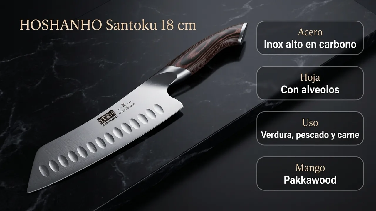 Datos del santoku HOSHANHO: acero inoxidable alto en carbono, hoja con alveolos para verdura, pescado y carne, y mango de pakkawood