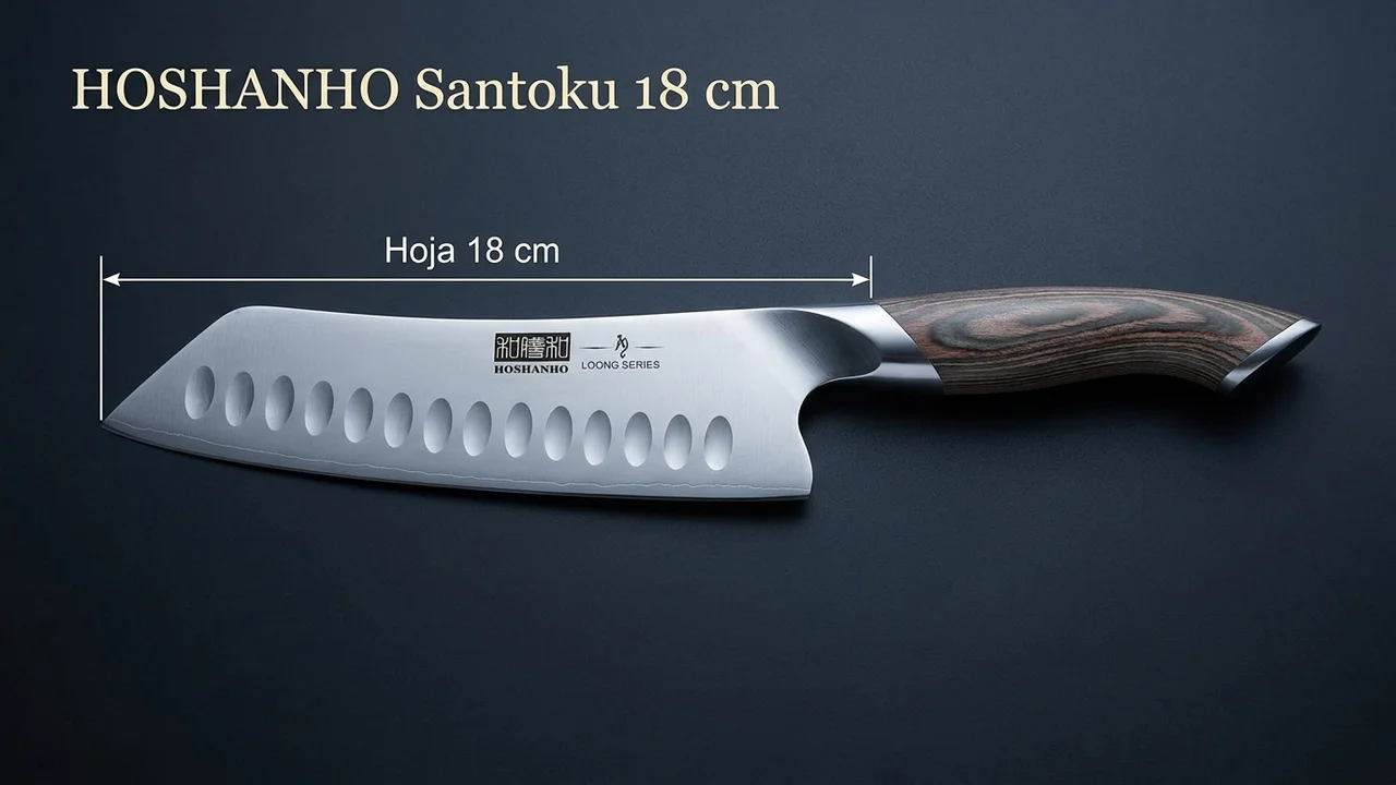 Santoku HOSHANHO acotado: hoja de 18 cm con alveolos, medida del filo al talón