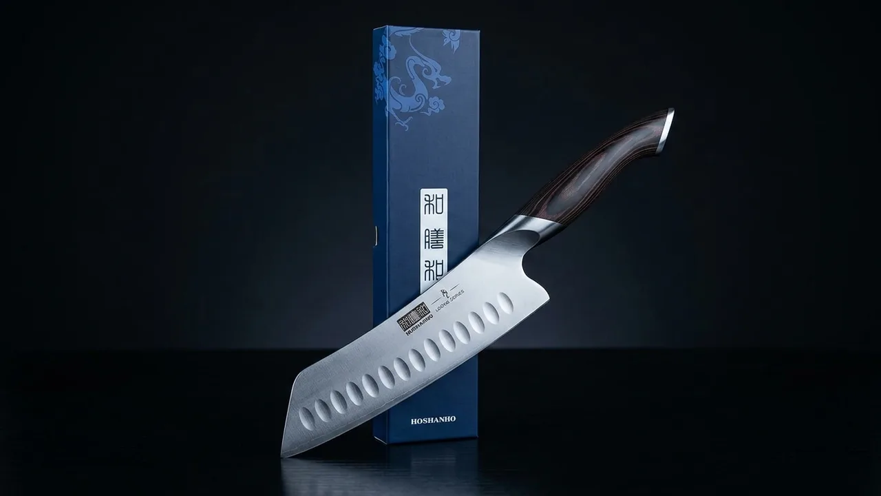 Santoku HOSHANHO de la serie Loong junto a su caja azul marino con el dragón grabado
