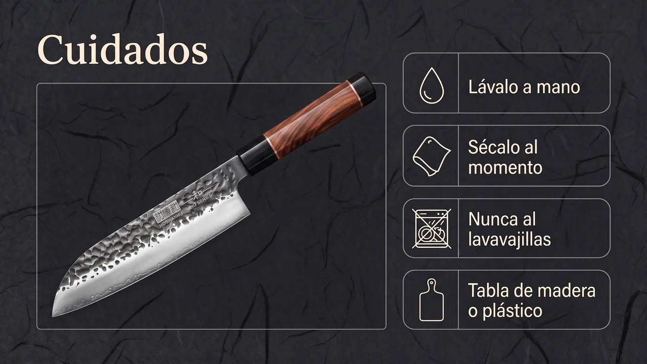 Cuidados del santoku HOSHANHO: lavar a mano, secar al momento, nunca al lavavajillas y tabla de madera