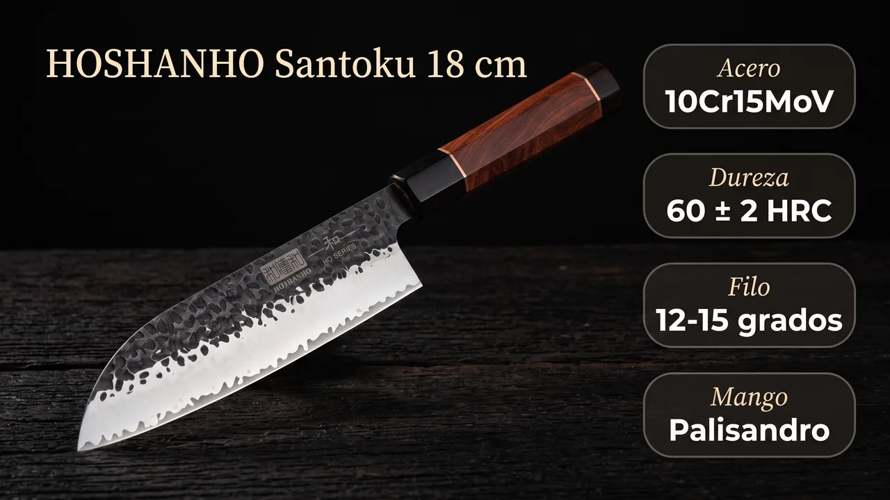 Datos del santoku HOSHANHO: acero 10Cr15MoV, 60 HRC, filo a 12-15 grados y mango de palisandro
