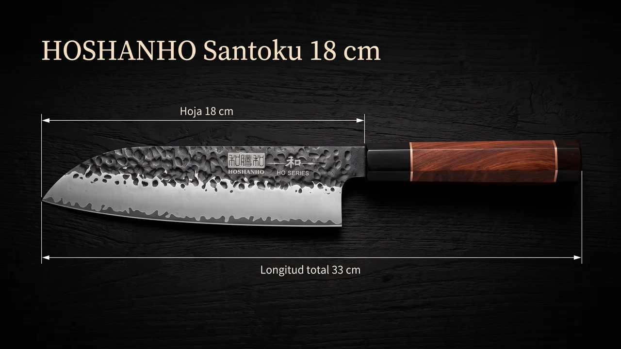 Medidas del santoku HOSHANHO: hoja de 18 cm y 33 cm de longitud total