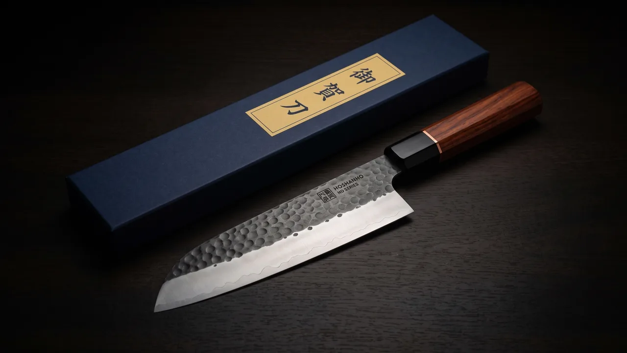Santoku HOSHANHO de la serie HO junto a su estuche azul de regalo