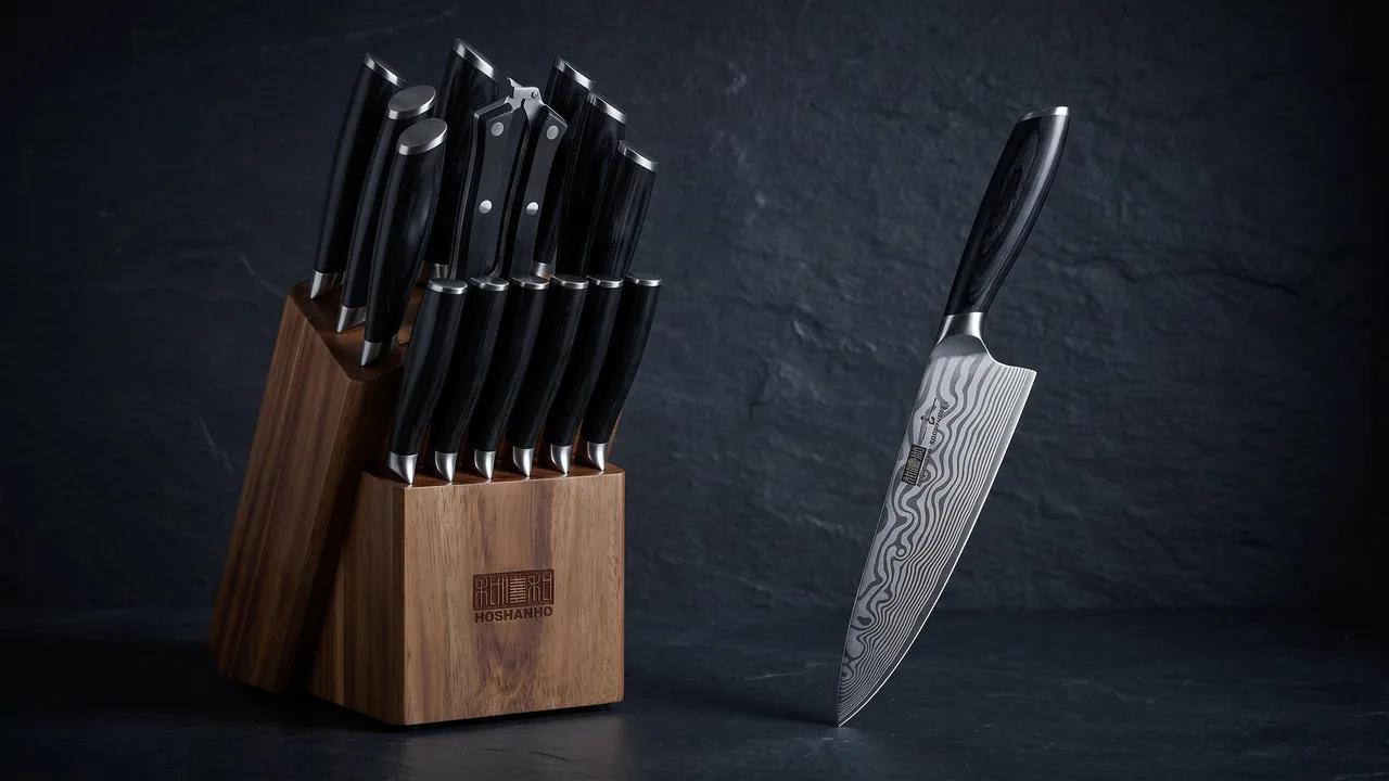 Juego HOSHANHO de 16 piezas con su bloque de madera de acacia y el cuchillo de chef delante