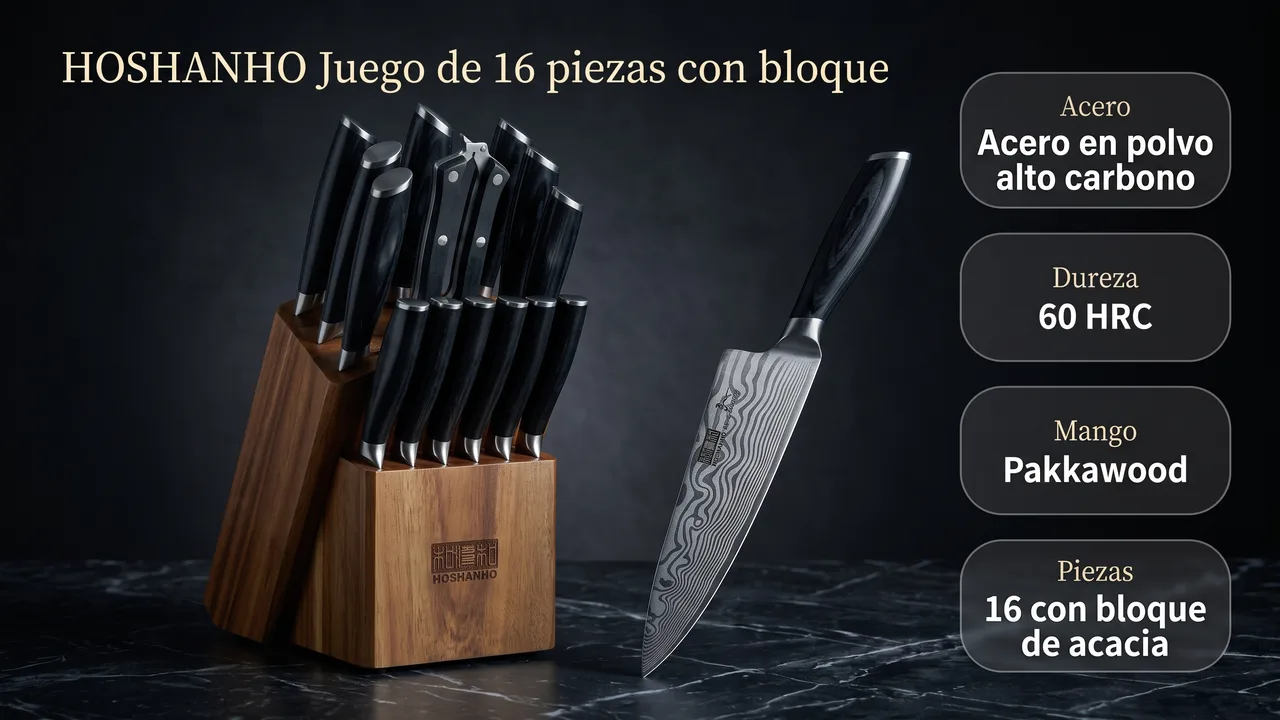 Ficha tecnica del juego HOSHANHO de 16 piezas: acero en polvo alto en carbono, 60 HRC y mango de pakkawood