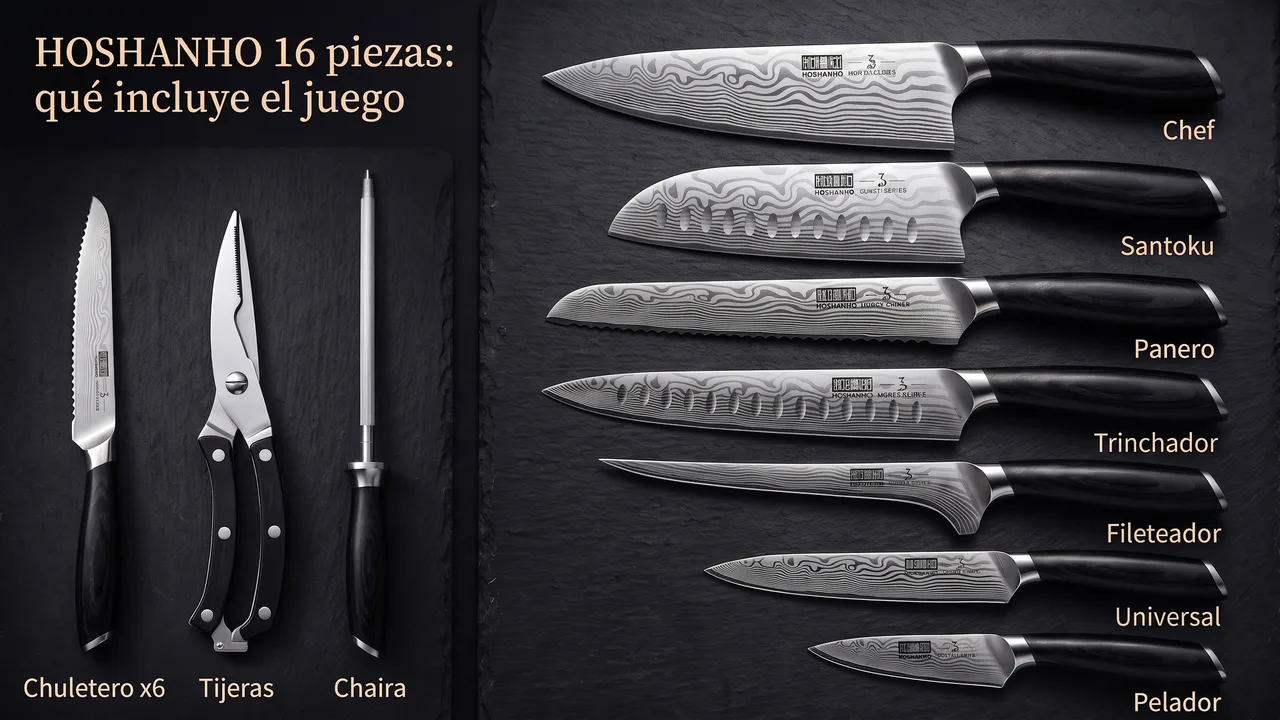 Las piezas del juego HOSHANHO de 16: chef, santoku, panero, trinchador, fileteador, universal, pelador, seis chuleteros, tijeras y chaira