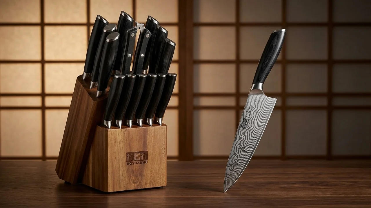 Juego de 16 cuchillos japoneses HOSHANHO con bloque de madera y mango de pakkawood