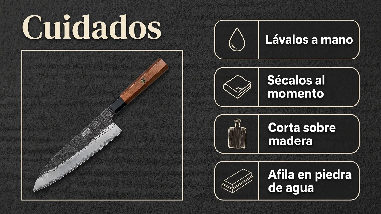Cuidados del juego HOSHANHO damasco: lavado a mano, secado inmediato, corte sobre madera y afilado en piedra de agua
