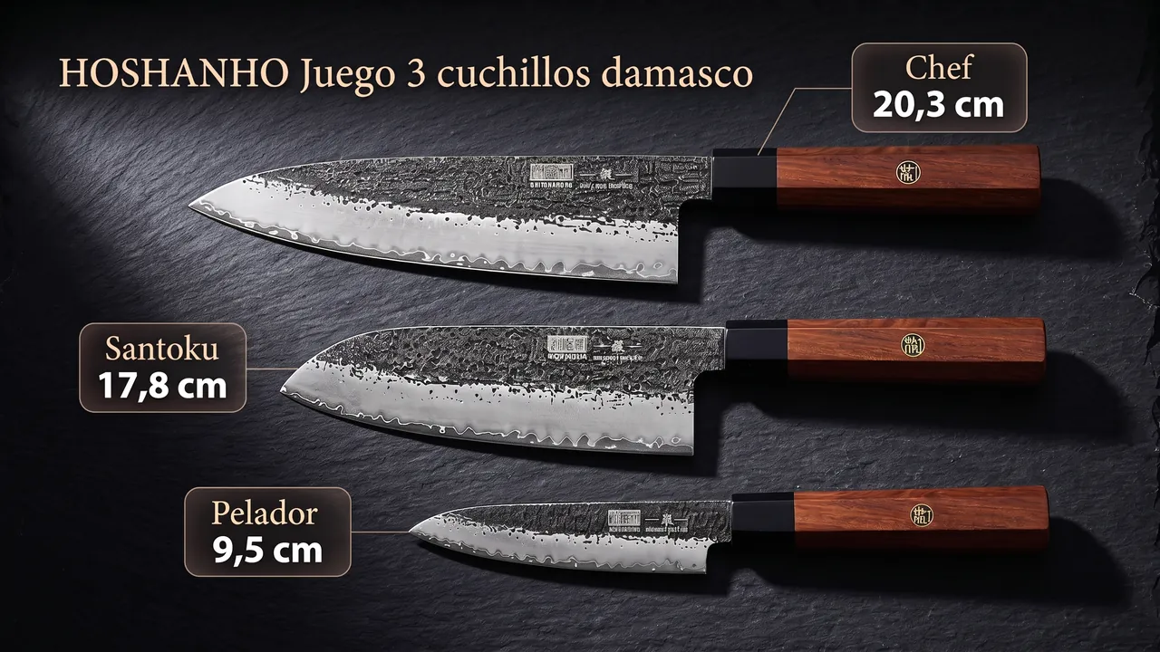 Las tres piezas del juego HOSHANHO damasco: chef de 20,3 cm, santoku de 17,8 cm y pelador de 9,5 cm