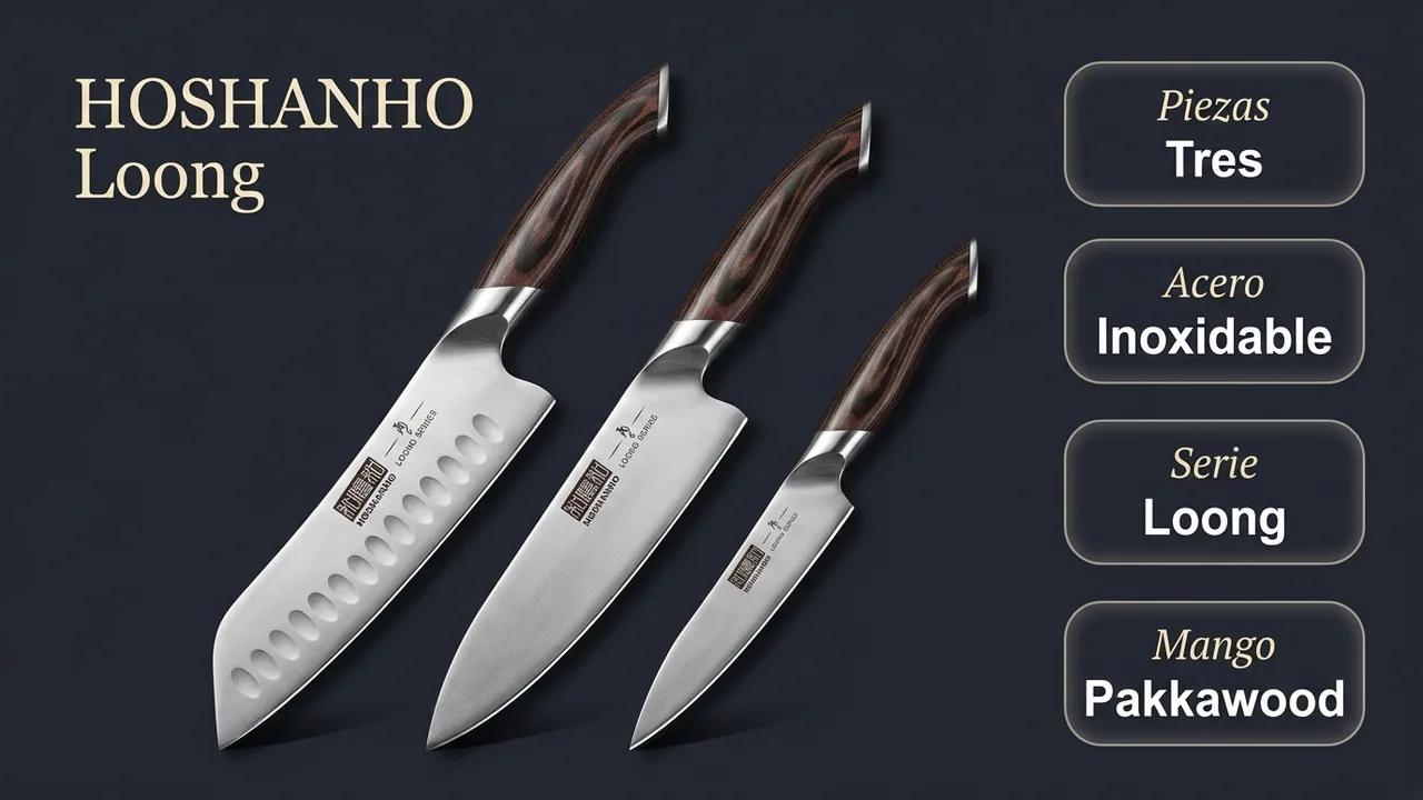 Datos del juego HOSHANHO Loong de tres piezas: acero inoxidable, serie Loong y mango de pakkawood
