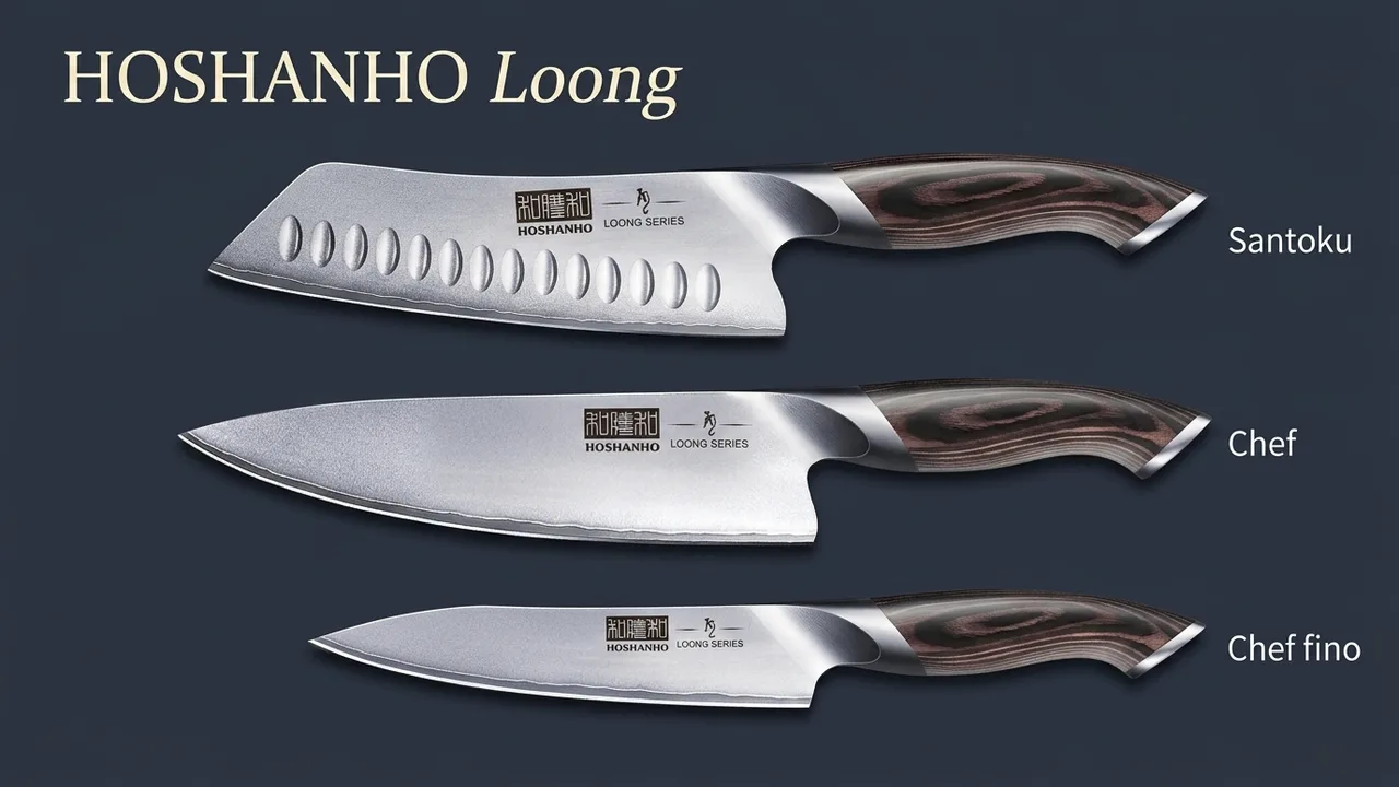 Las tres piezas del juego HOSHANHO Loong: santoku con hendiduras, cuchillo de chef y chef fino