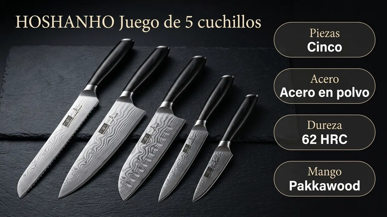 Ficha técnica del juego HOSHANHO de 5 piezas: acero en polvo, 62 HRC y mangos de pakkawood