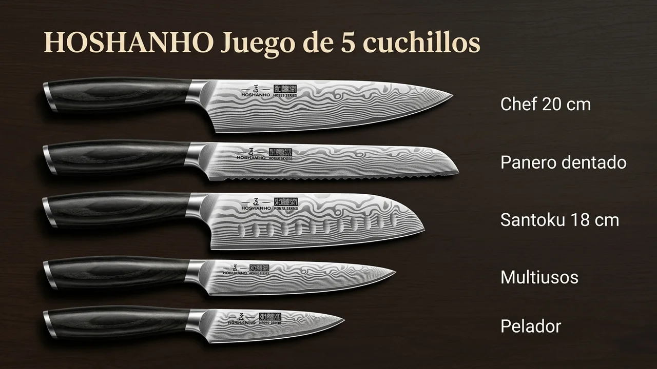 Las cinco piezas del juego HOSHANHO: chef de 20 cm, panero dentado, santoku de 18 cm, multiusos y pelador