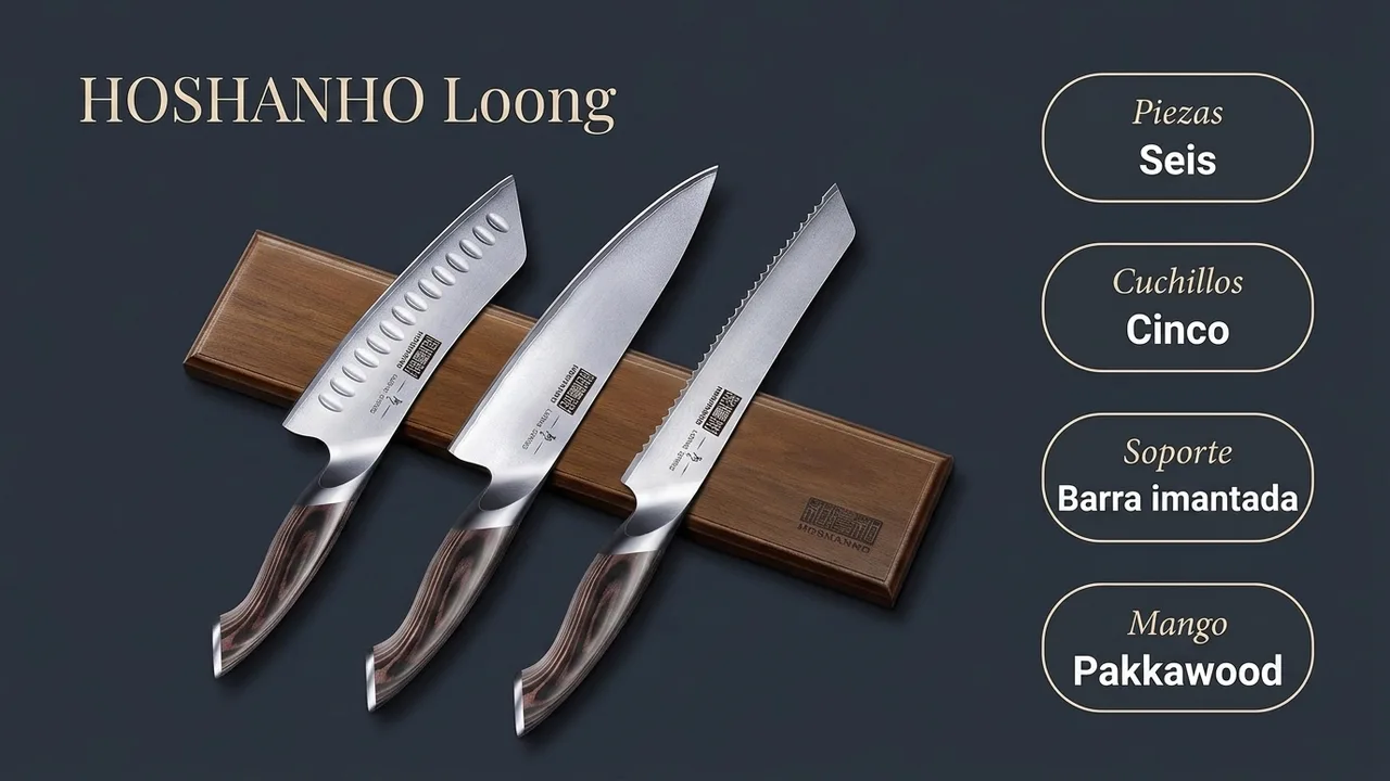 Datos del juego HOSHANHO Loong de seis piezas: cinco cuchillos, barra imantada de madera y mango de pakkawood