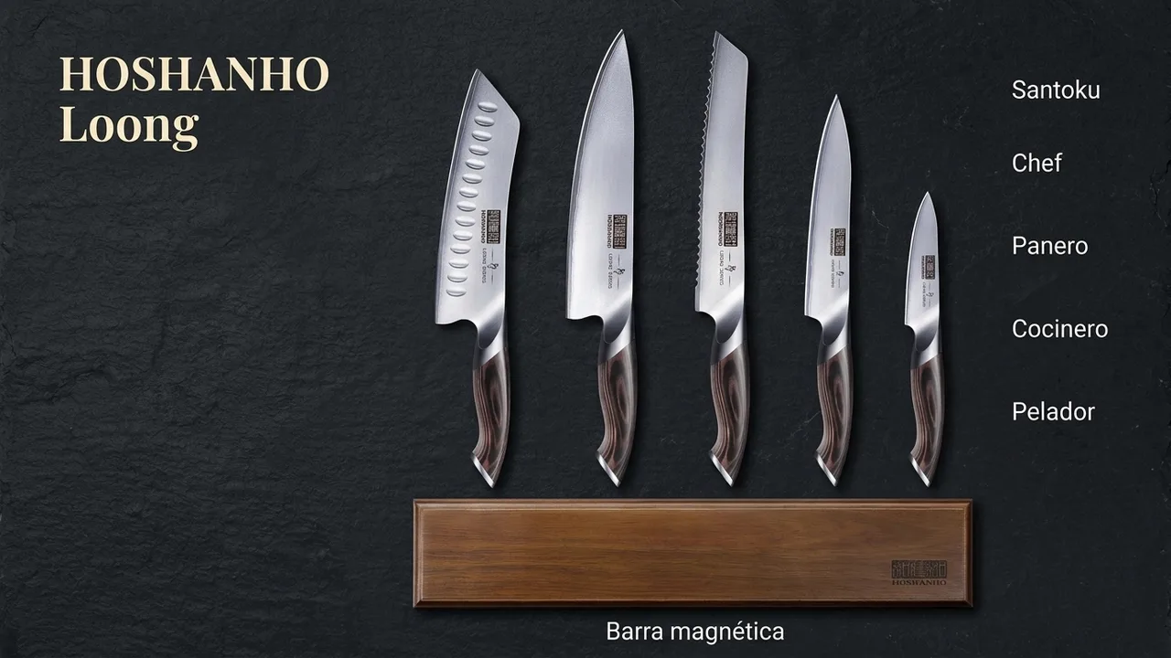 Las seis piezas del juego HOSHANHO Loong: santoku, chef, panero, cocinero, pelador y barra magnética de nogal