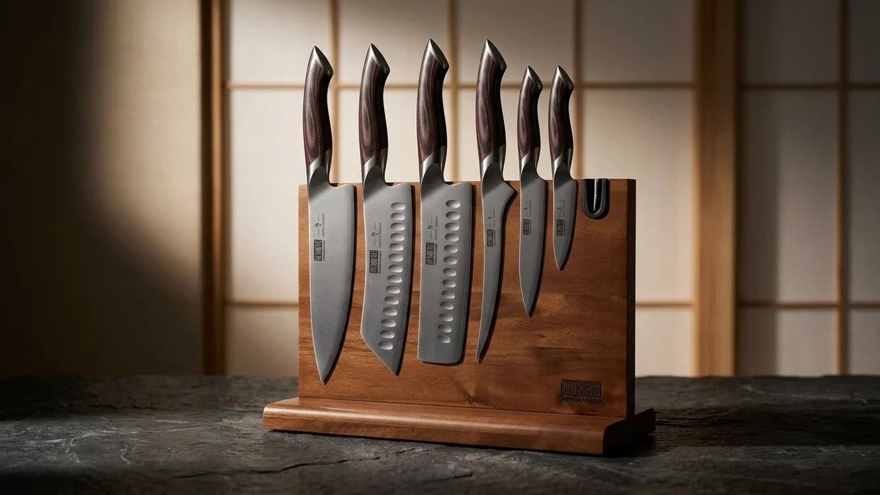 Juego de 7 cuchillos japoneses HOSHANHO con bloque magnético de madera