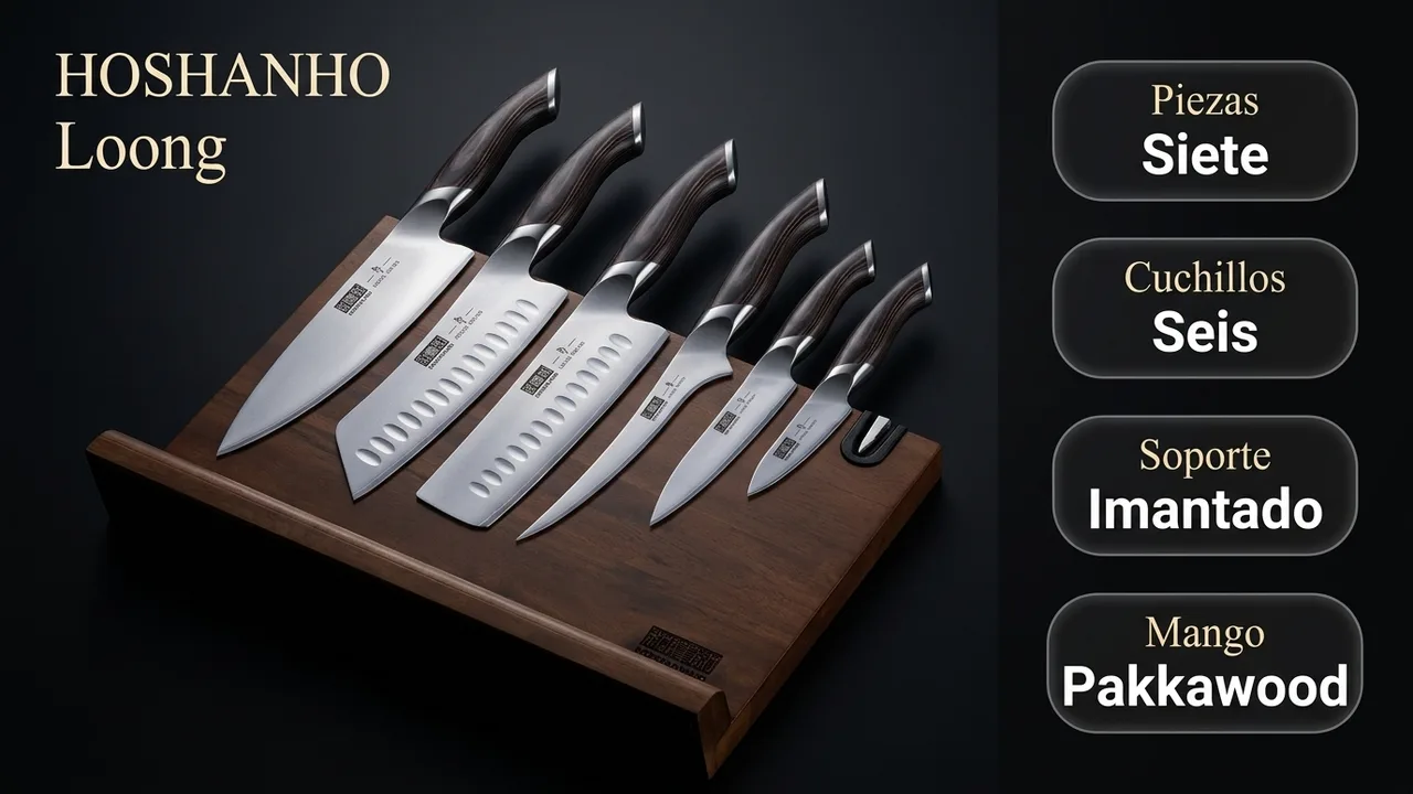 Datos del juego HOSHANHO Loong de siete piezas: seis cuchillos, soporte imantado y mango de pakkawood