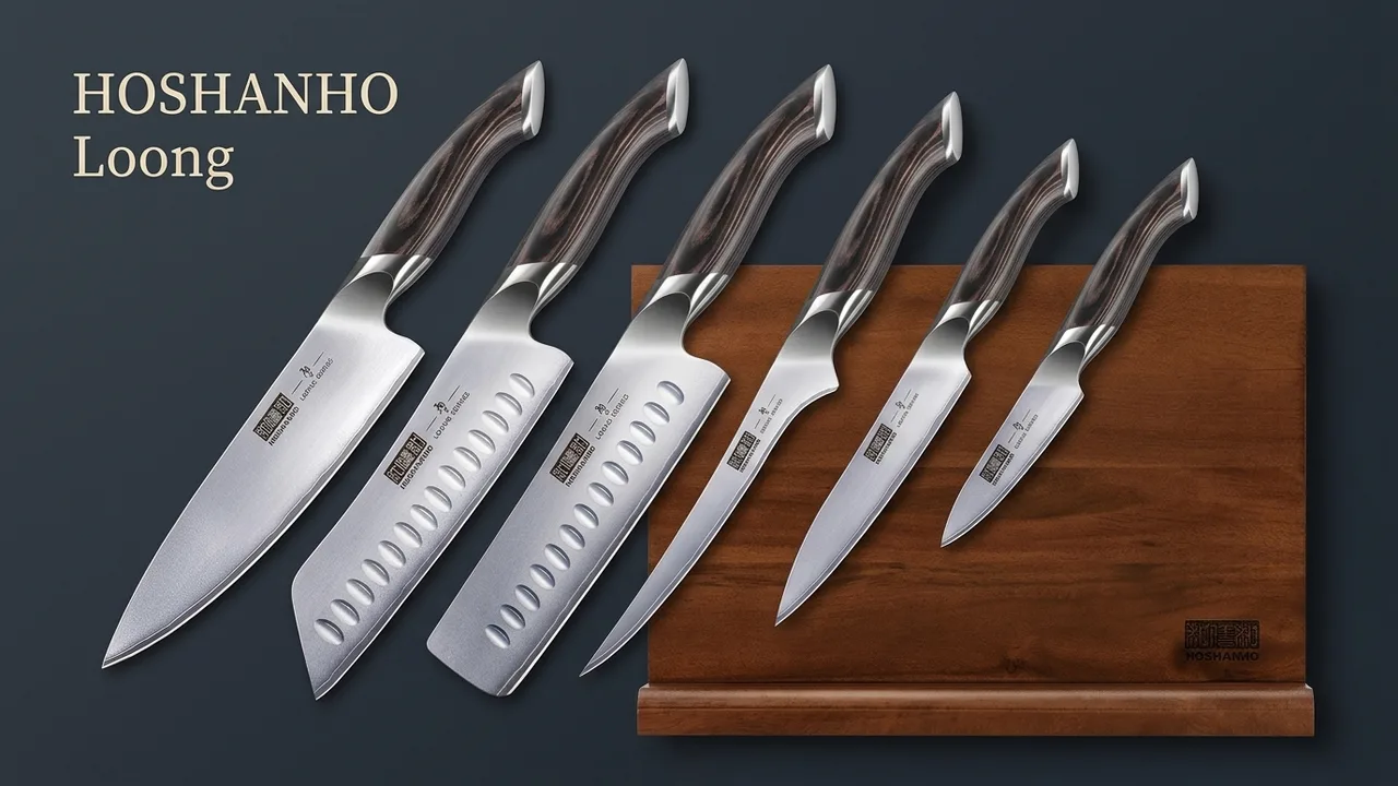 Las siete piezas del juego HOSHANHO Loong: seis cuchillos y su soporte magnético de madera de nogal