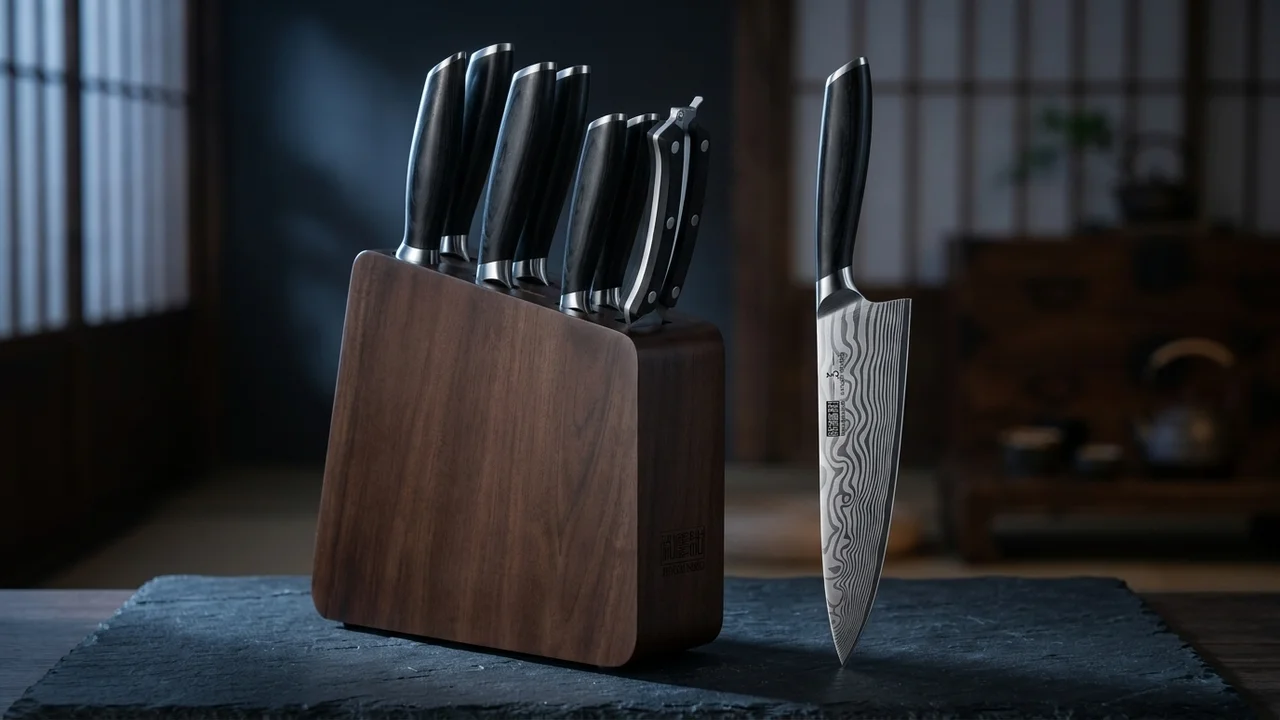 Juego de 8 cuchillos japoneses HOSHANHO con bloque de madera y mango de pakkawood