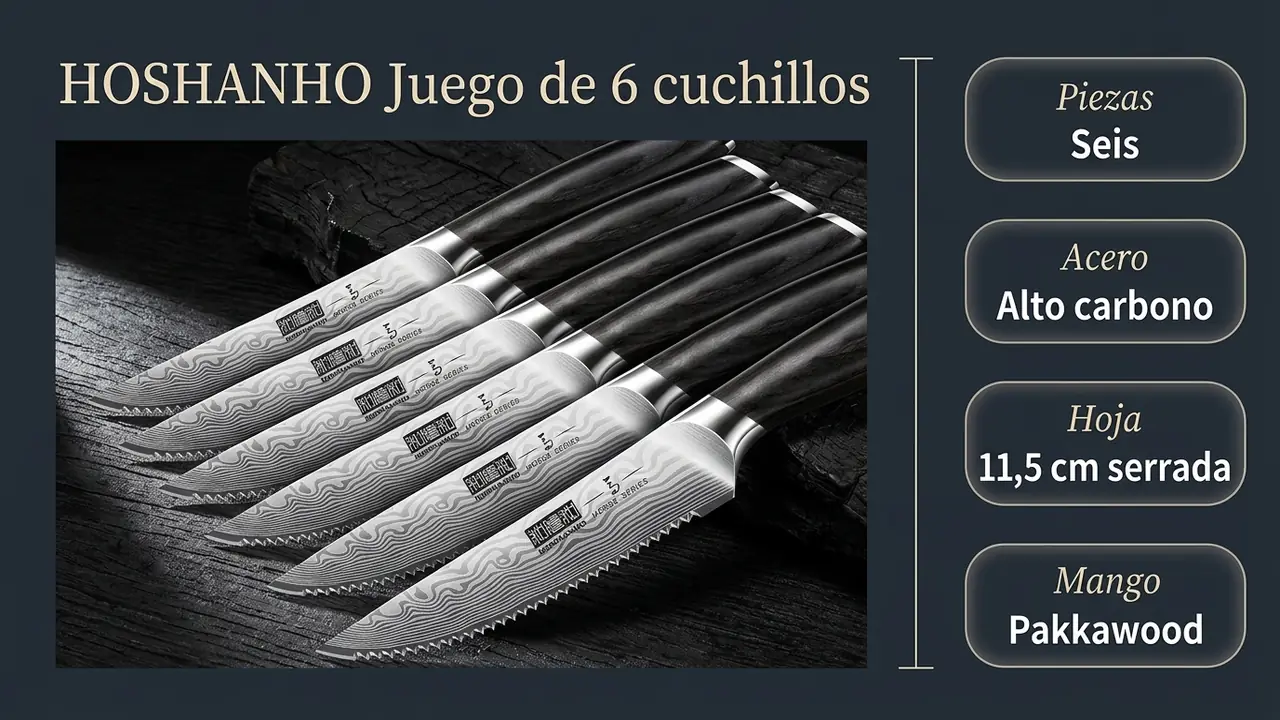Ficha técnica del juego de carne HOSHANHO: acero de alto carbono, hoja serrada de 11,5 cm y mangos de pakkawood