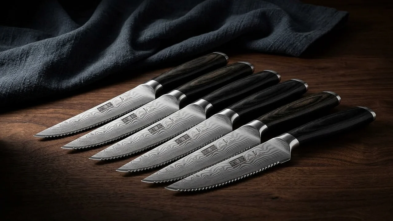 Juego de 6 cuchillos de carne japoneses HOSHANHO serrados con mango de pakkawood