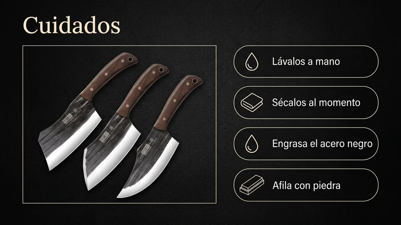 Cuidados del juego de carnicero HOSHANHO: lavado a mano, secado inmediato, engrasar el acero negro y afilado con piedra